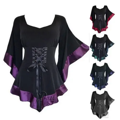 

2018 Fashion Women Gothic Steampunk Flared Sleeve Lace Up Loose T-Shirt Tops