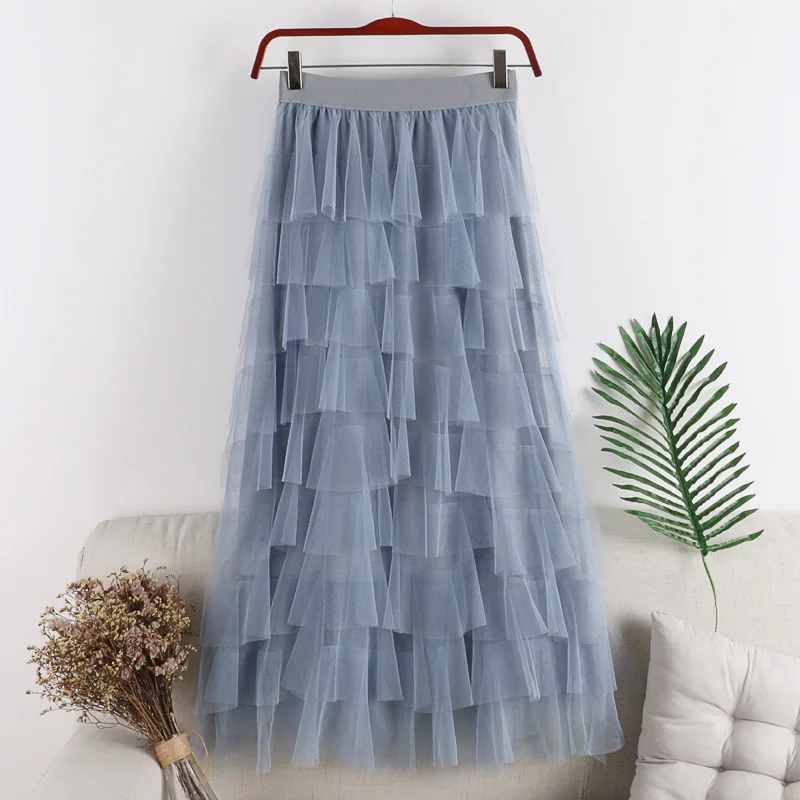 

Cake Skirts 2020 New Summer Slim Multi-layer Mesh Skirt Korean Casual Loose Cool Long Fairy Skirt for Women Faldas Mujer Moda