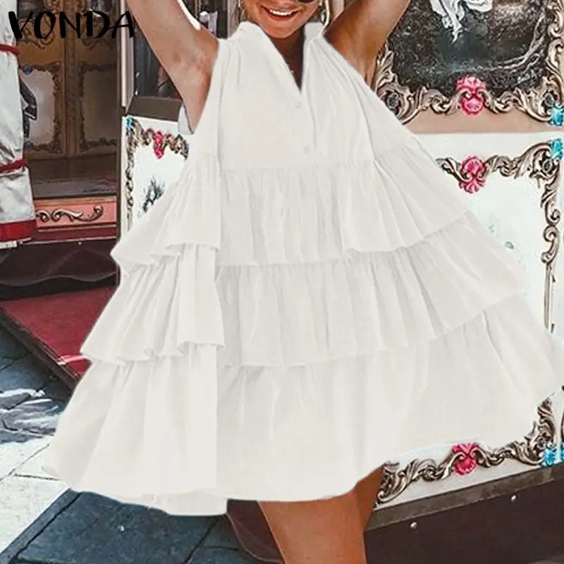 

2019 VONDA Women Sexy Summer Dress Elegant Party V-neck Vestidos Vintage Sleeveless Mini Sundress Beach Plus Size Dresses
