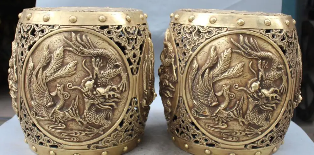 

11" Marked Chinese Dynasty Palace Bronze Dragon Phoenix Bird Chair Stool Pair