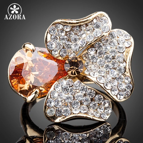 AZORA Unique Design Gold Plated Orange Stellux Austrian Crystal Flower Ring TR0113