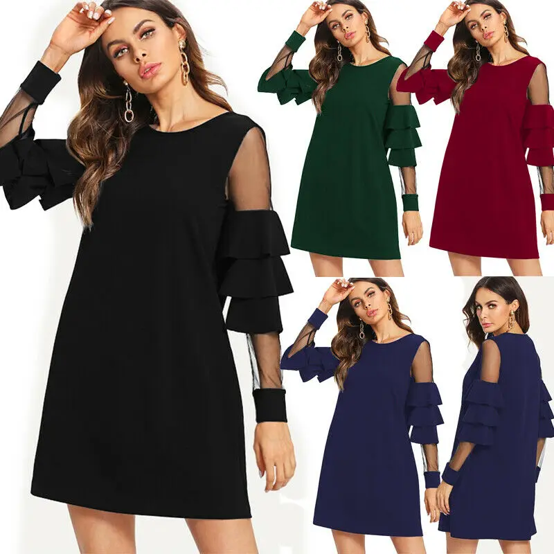 

Women Long Sleeve Ruffle Sleeve Solid Dress Casual Loose Top Ladies Short Dresses Sundress