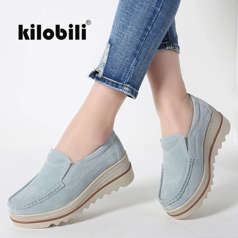 Туфли kilobili женские на плоской платформе лоферы замша кожа без застежки танкетка