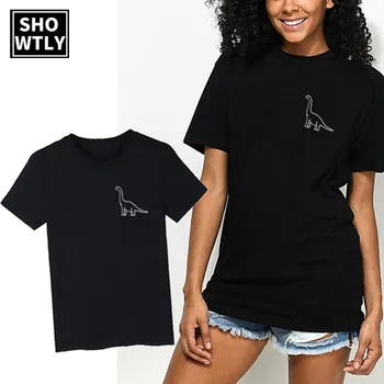 

Showtly Dinosaur pocket Print Women t shirt Casual Hipster Funny Tee Tops For Lady Top Tee Tumblr Drop Ship