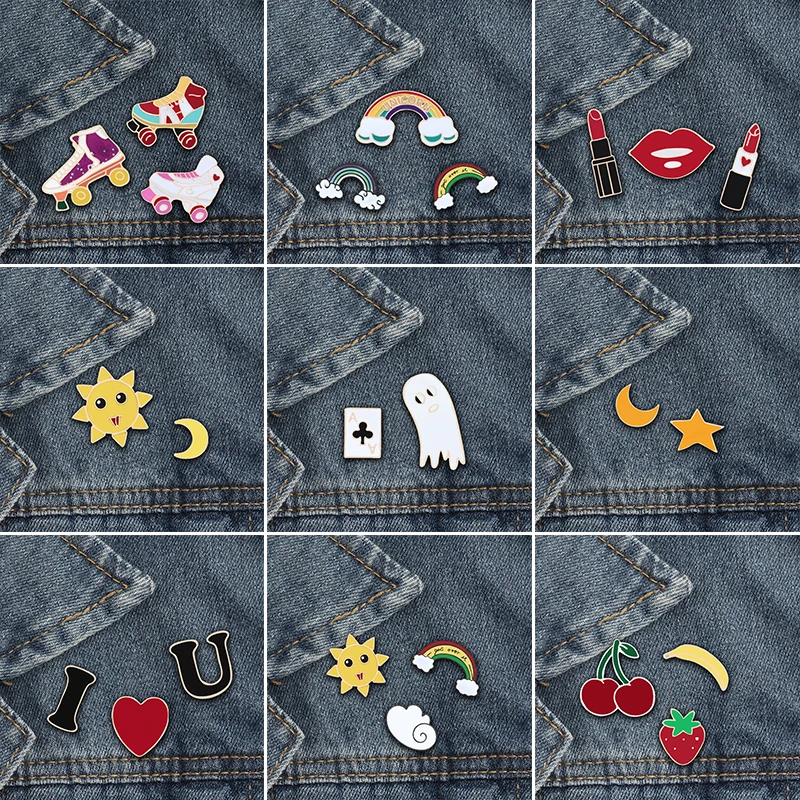 

3pcs/set Cartoon Fruits Rainbow Sun Cloud Moon Star Brooch Sexy Lipstick Lips I Love U Women Jackets Lapel Enamel Pins Jewelry