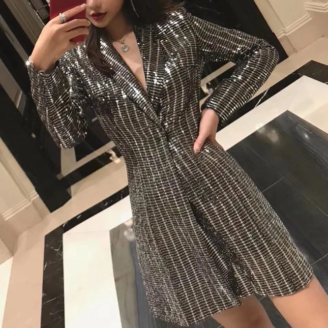 women shiny long blazer for party night