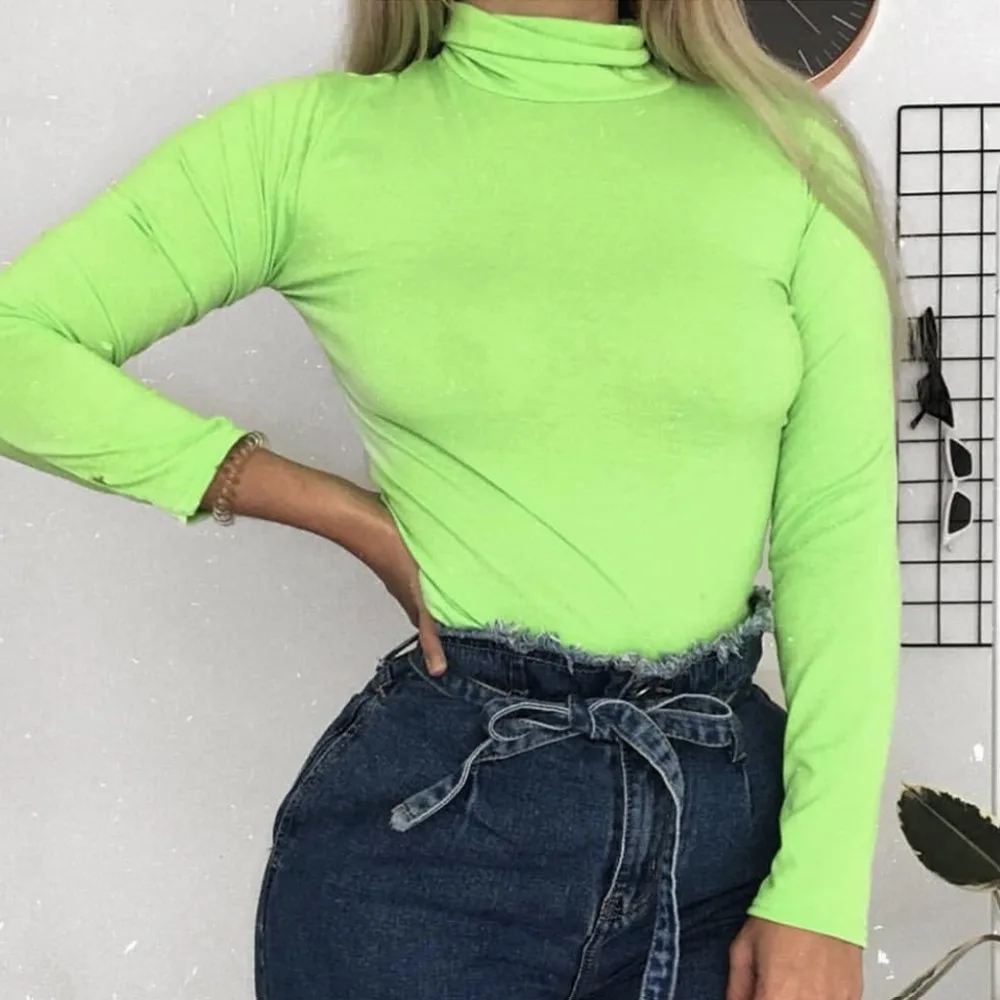 

Fluo Green New T shirt Women Knitted Turtleneck Good Stretch Elastic Slim Top Basic T shirt Long Sleeve blusas femininas T8N791