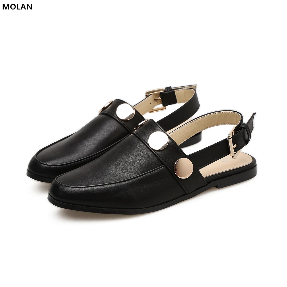 

MOLAN Brand Woman 2018 Fashion Metal Rivet Sandals Buckle Shoes Good Quality Round Toe Leather Flat Loafers 2.5cm SIZE 35-40