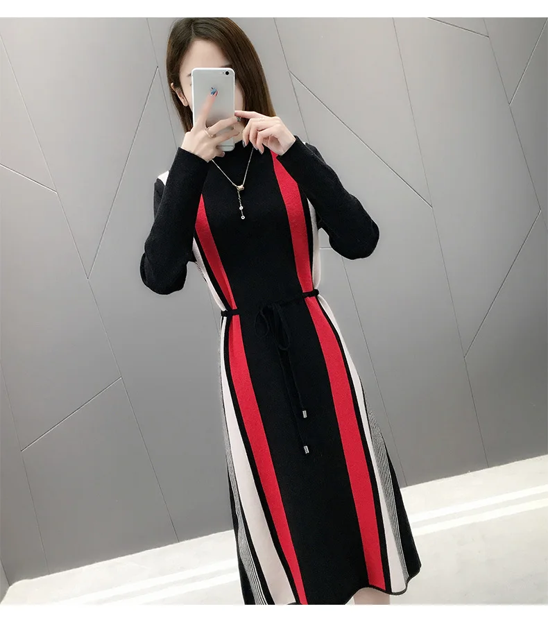 Корейское модное зимнее платье-рубашка с длинными рукавами и высоким воротником зимние вязаные платья длинное платье-свитер A472