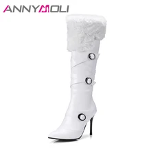 ANNYMOLI/зимние женские сапоги высокие сапоги на высоком каблуке женские сапоги до колена на натуральном меху с пряжкой Женская Осенняя обувь белого цвета; большие размеры 33-43