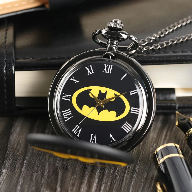 Бэтмен черный современный кварцевые карманные часы Цепочки и ожерелья Полный Охотник Для женщин Для мужчин Fob часы мальчик моды часы