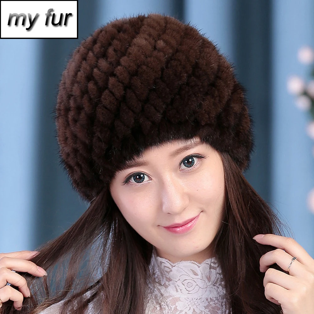 

New Winter Lady Natural Mink Fur Beanies Hat Knit Warm Striped Genuine Mink Fur Caps Women Good Elastic Real Mink Fur Headwears