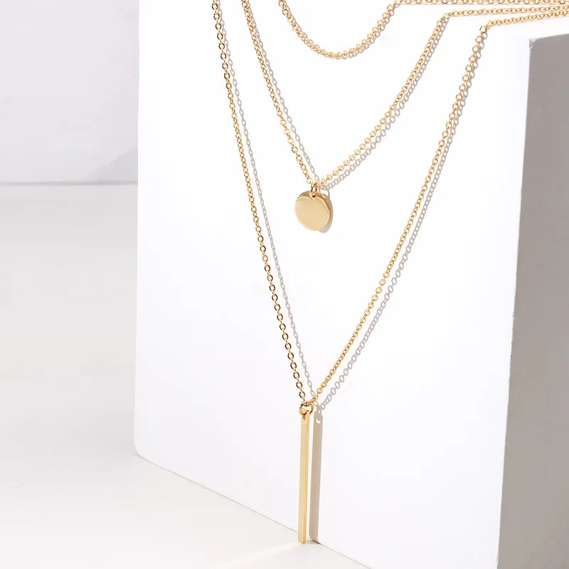 

Women's Gold Tone Layering Necklace Set of Three Bar Disc Stacked Necklaces Skinny Stainless Steel Woman Jewelry