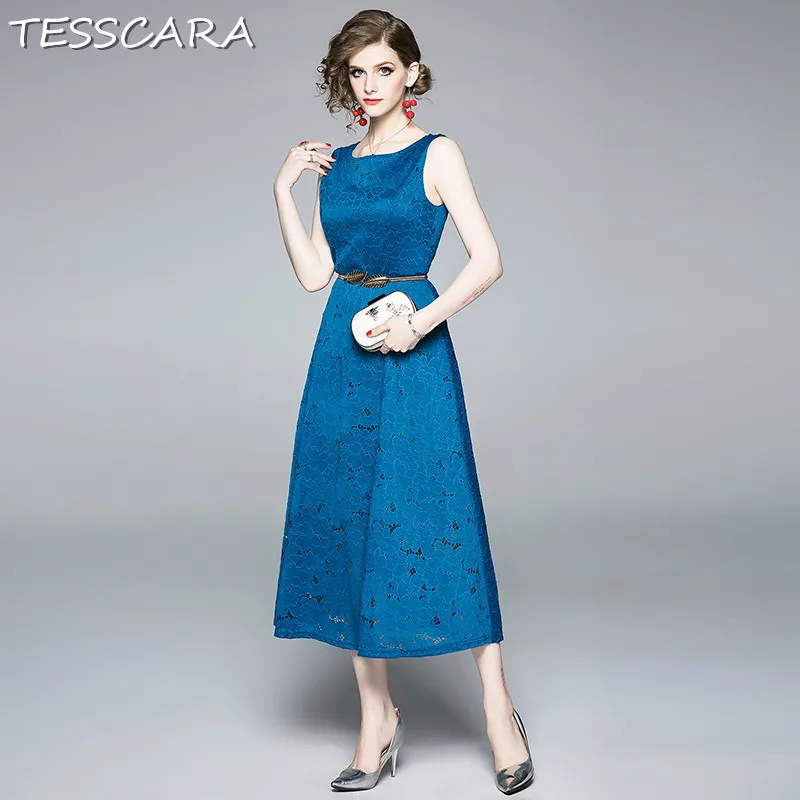 

TESSCARA Women Summer Long Elegant Dress Festa Female High Quality Office Party Robe Femme Hollow Out Designer Tank Vestidos