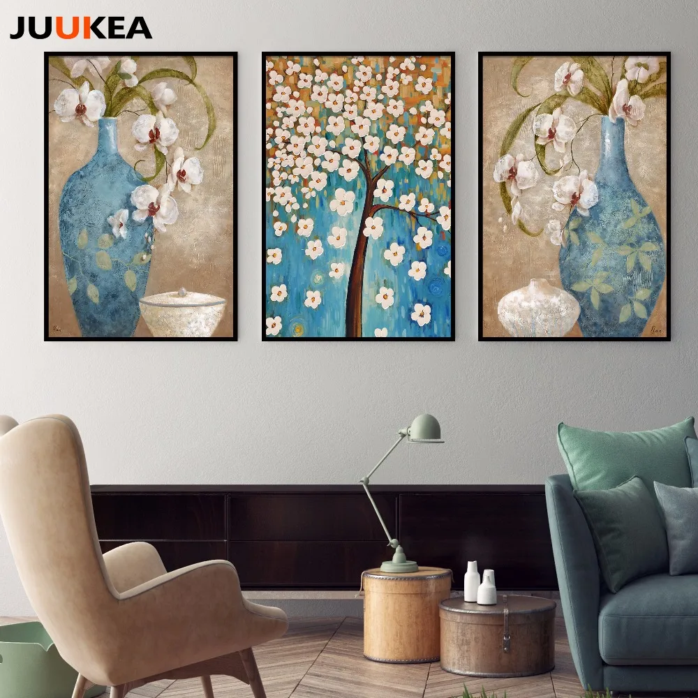 

Tree Honour Bottle Still Life Series Canvas Art Print Painting Poster, Blue Plant Vase Wall Picture For Living Room, Home Decor