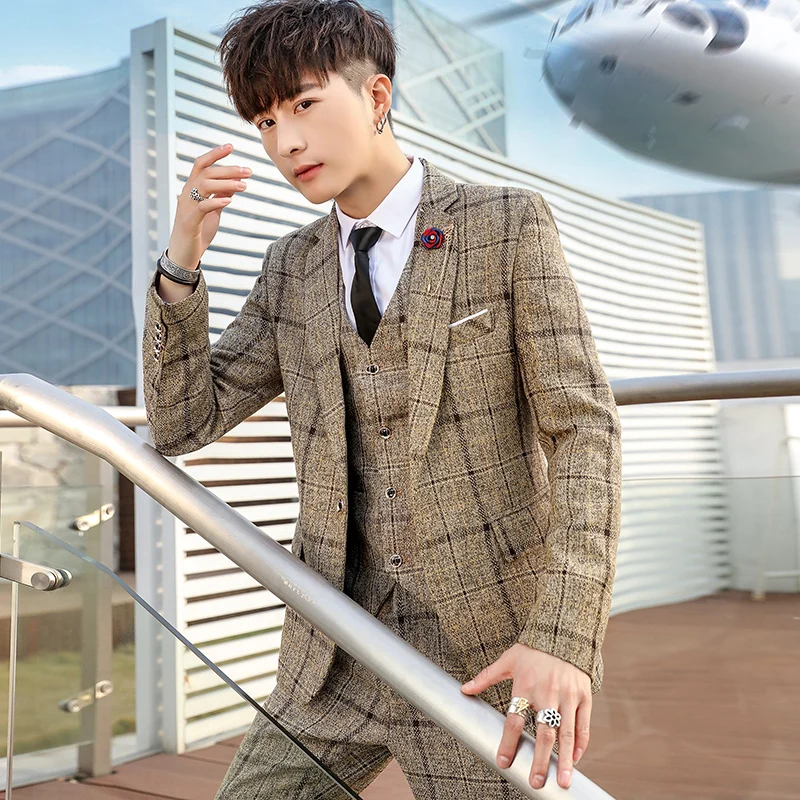 

customChecked suit, men's suit, business and leisure suit coat, Korean version, self-repair, marriage, and lordship,