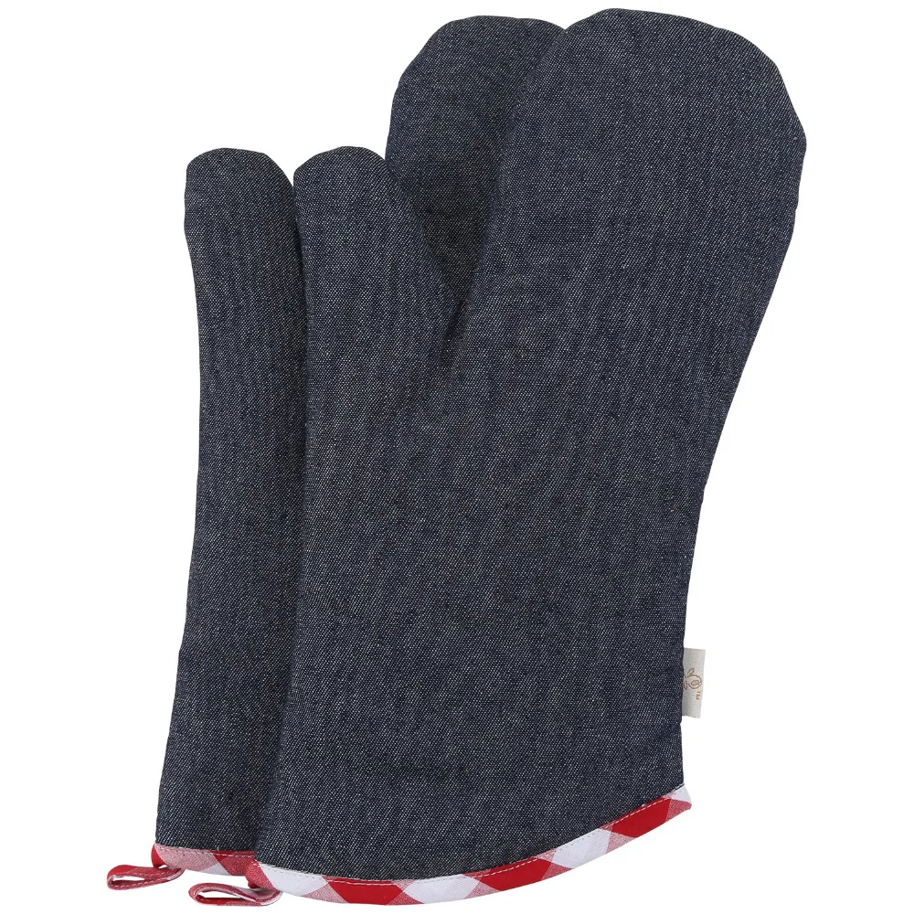 Neoviva Cotton Denim Quilting Oven Mitts Women Set of 2 Tiffany Checked Red Anti dust Heat