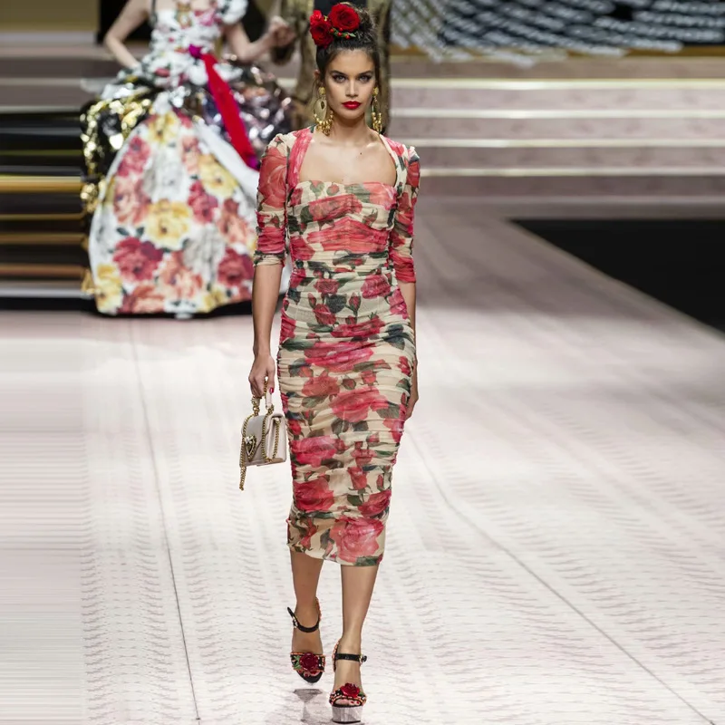 

Spring Elegant Runway Dress 2019 Women Vintage Half Sleeve Mesh Floral Printed Midi Party Dresses