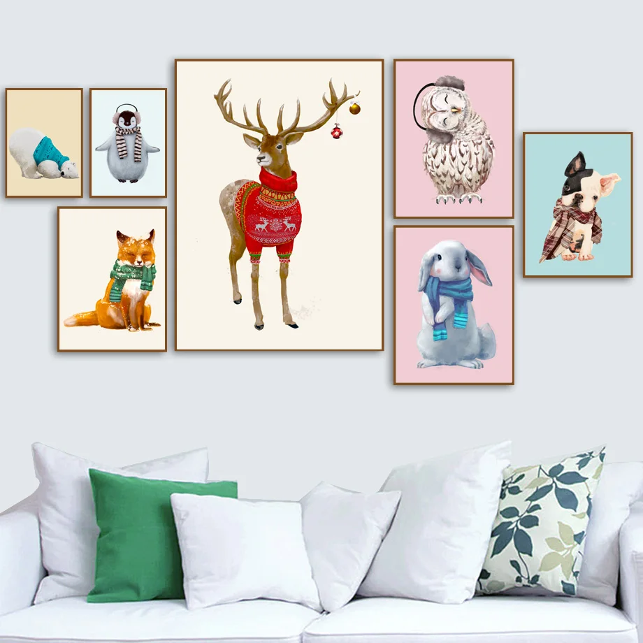 

Bear Deer Dog Rabbit Fox Owl Penguin Wall Art Canvas Painting Nordic Poster And Print Animal Wall Pictures For Living Room Decor