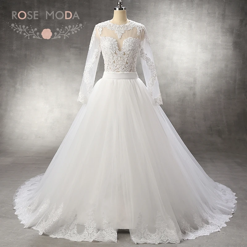 Rose Moda Mouwen Kant Zeemeermin Trouwjurk Backless 2 in 1 Trouwjurken met Afneembare Rok Real Foto