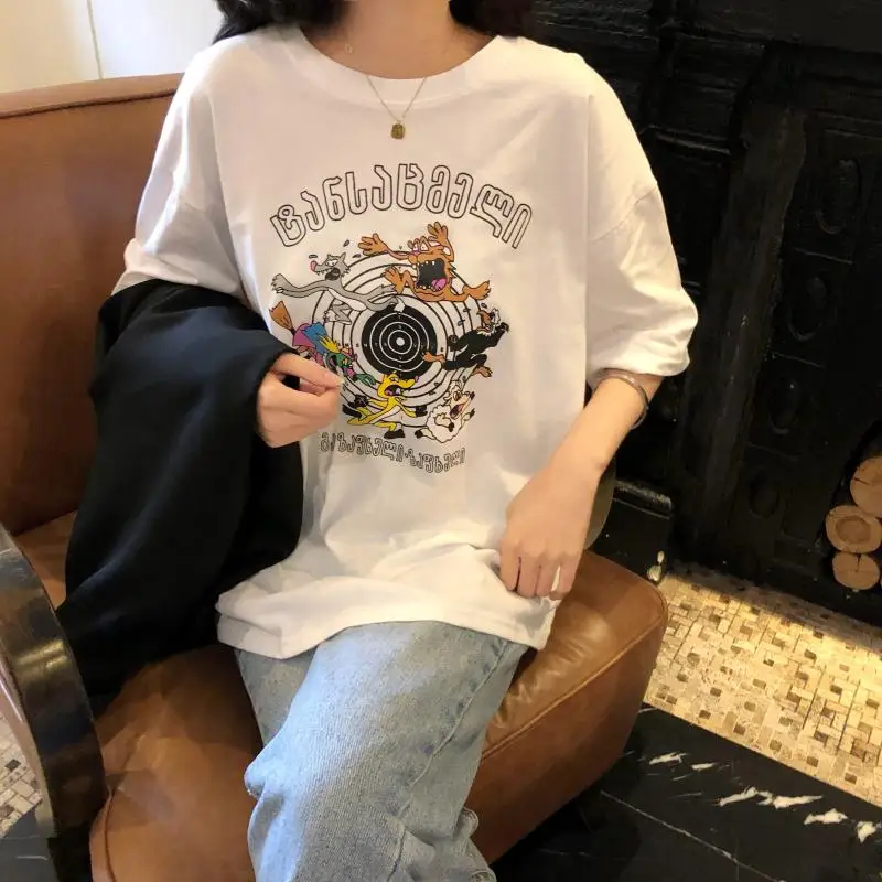 

Harajuku Ulzzang Oversize tshirt cartoon Print Short Sleeve T-Shirts Korean Style Women Loose Summer T shirt Female Casual tops
