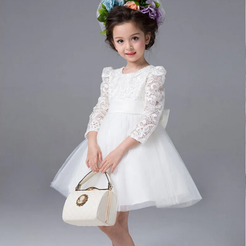 

New Flower Girl Dresses with Bow Long Sleeves Wedding Party Communion Pageant Dress for Little Girls Kids/Children Dress