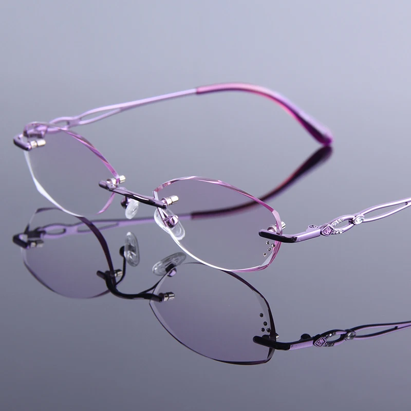 Weibliche Lesebrille Metall Widerstand Tragen Diamant Frauen Optik Beschichtung reflektierende Randlose Brillen Anti Schneiden tEz461wq