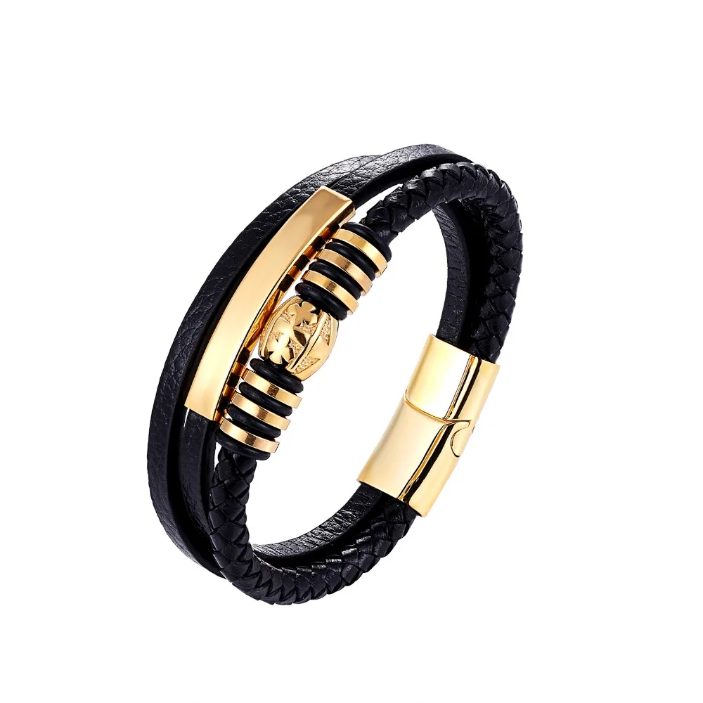 Men Bracelet Genuine Leather Stainless Steel Bangle Male Accessory Chain Rope