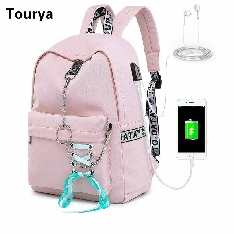 stylish camera bag Tourya Fashion Waterproof Backpack Women School Bags For Teenagers Girls USB Charge Bow Travel Rucksack Laptop Bagpack Mochila elegant backpack