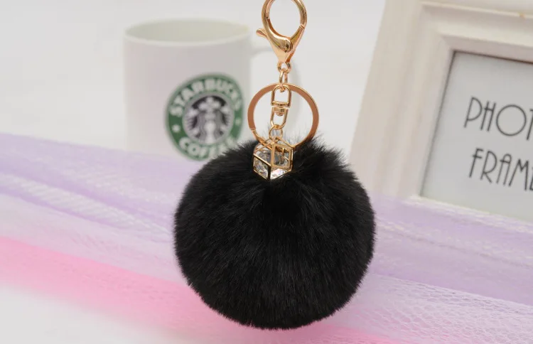 8 см Рекс искусственный мех мяч брелок шестиугольный кулон имитация меха кролика мяч милый брелок для женщин сумки - Цвет: Black