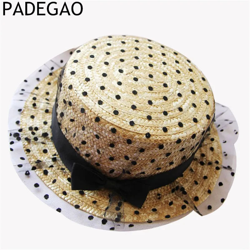 women straw hats Gauze bow tie straw boater hat men in Women's Sun