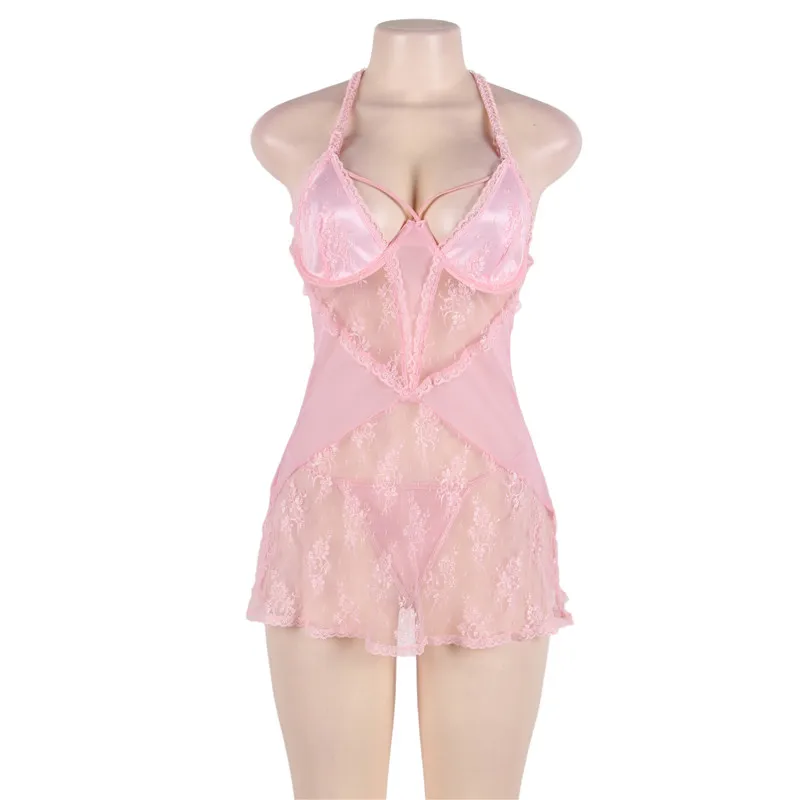Comeondear Babydoll ночная рубашка с розовым кружевом и прозрачной лямкой на шее, сексуальная женская одежда размера плюс, женское нижнее белье, ночная рубашка RJ80464