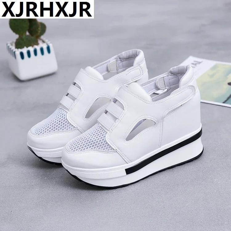 

Women Wedge Platform Rubber Brogue Leather 8cm High heel Shoes Pointed Toe Increasing Creepers White Black Soft Sneakers
