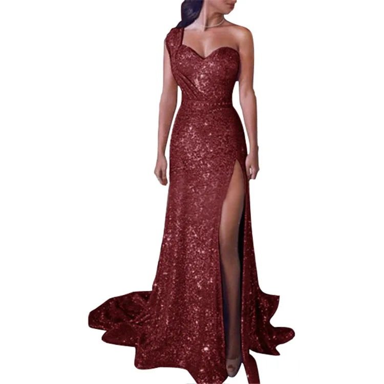 

Longo Vestido De Festa Robe De Soiree Sexy One-shoulder Sleeveless V-neck Bronzing Pocket Hip High Slit Dress To The Floor
