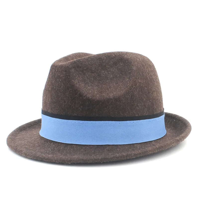 Модная шерстяная испанская накидка, Для женщин мужская фетровая шляпа Федора шляпа с короткий край фетр танцующий джаз шляпа с синей лентой хороший пакет A18 - Цвет: Coffee