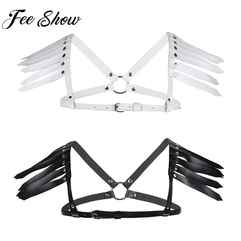 

Unisex Punk Men Hombre Women Leather Adjustable Body Chest Harness Belt with Feather Shoulder Stage Performance Costume Clubwear