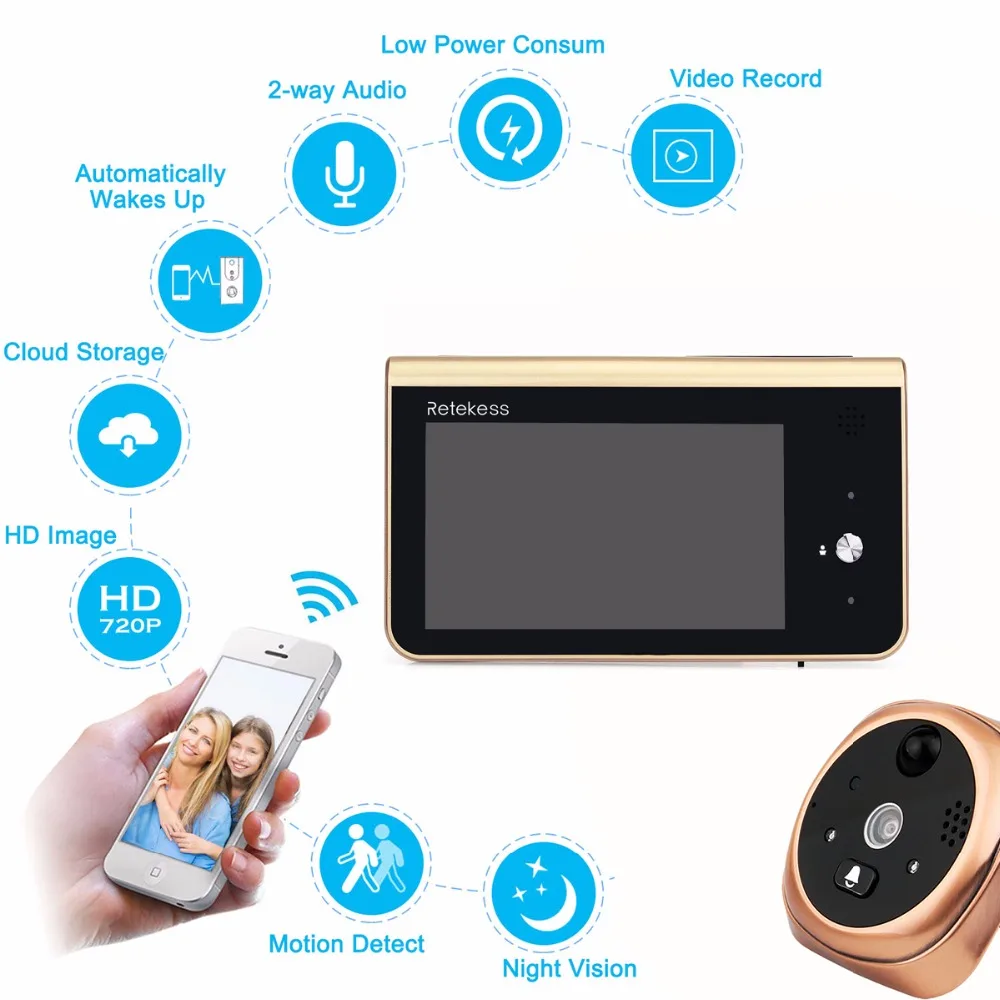 

RETEKESS Wifi Smart Peephole Video Doorbell 2.4GHz 720P HD Camera Night Vision PIR Motion Detection APP Control For IOS Andriod