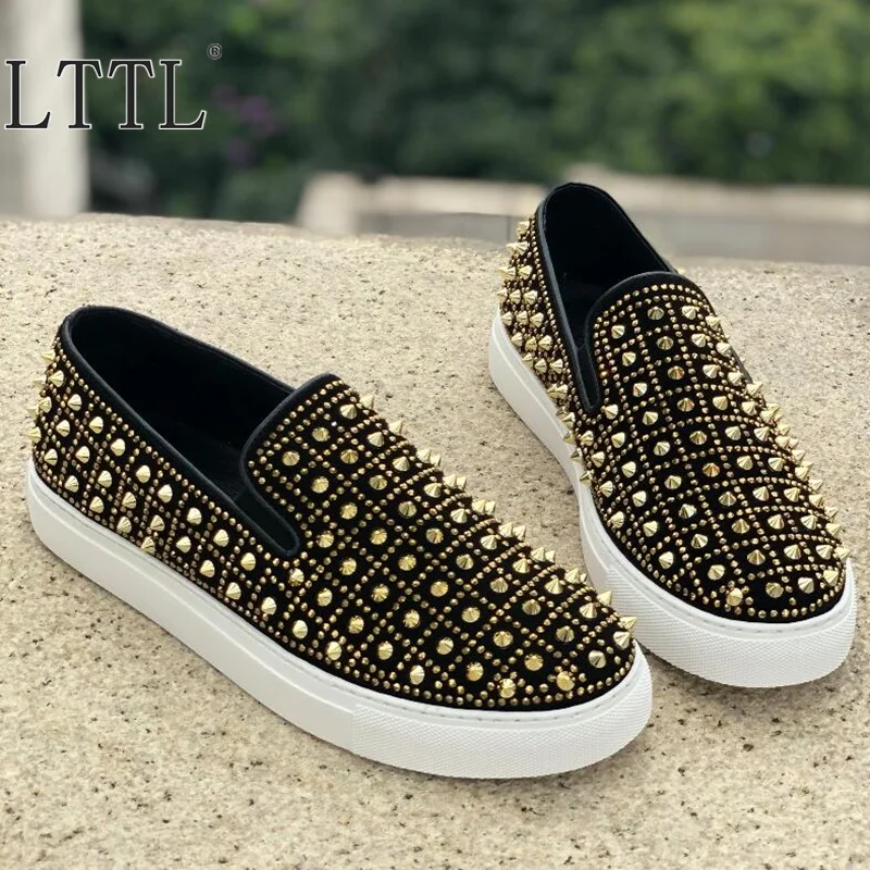 

LTTL Luxury Fashion Suede Loafers Men Slip On Rivets Sneakers Casual Shoes Rhinestone Mens Dress Shoes Spikes Trainers