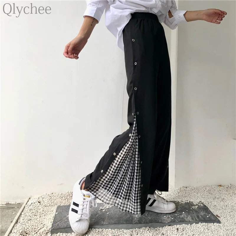 Qlychee сбоку плед лоскутное широкие брюки металлические эластичные облегающие Для