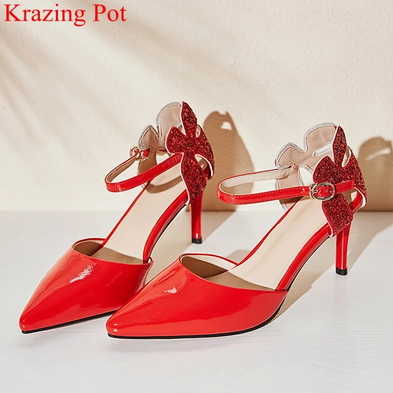 

big size pointed toe genuine leather high heels elegant women pumps buckle strap bling red wedding office lady summer shoes L6f1