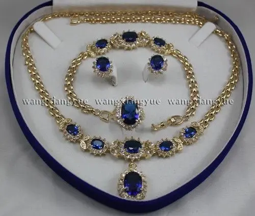 

Hot selling> shipping Real Blue Zircon Inlay Link Bracelet earrings Ring Necklace Set (A0425) -Bride jewelry free shipping