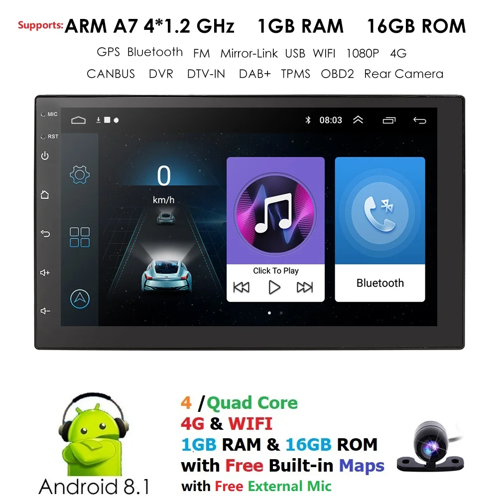 

7 Inch 2 Din 1GB RAM Quad core Universal Android8.1 Car Radio Stereo GPS Navigation WiFi 1080P Touch Screen DVR TPMS OBD2 Camera