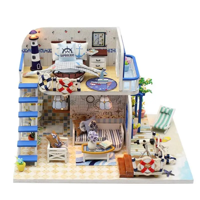 Синий прибрежный пляж вилла модель кукольная миниатюрная мебель DIY Kit с светодиодный свет деревянная игрушка кукольный дом подарок на день рождения ручной работы