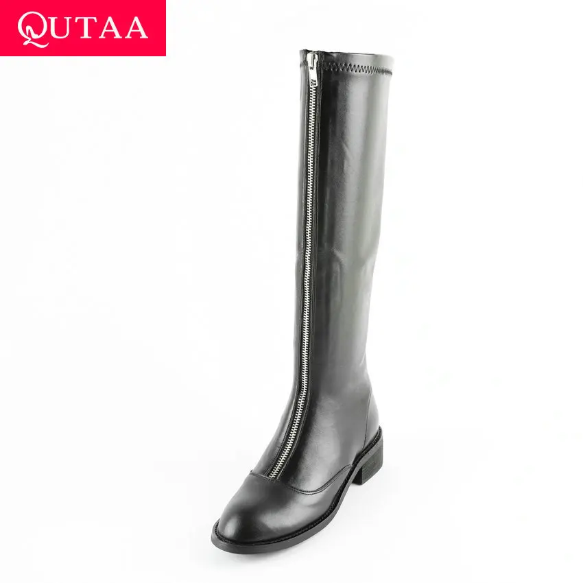 

QUTAA 2020 Front Zipper Cow Leather Elastic Long Boots Round Toe Warm Fur Over The Knee Boots and Knee High Boots Size 34-39