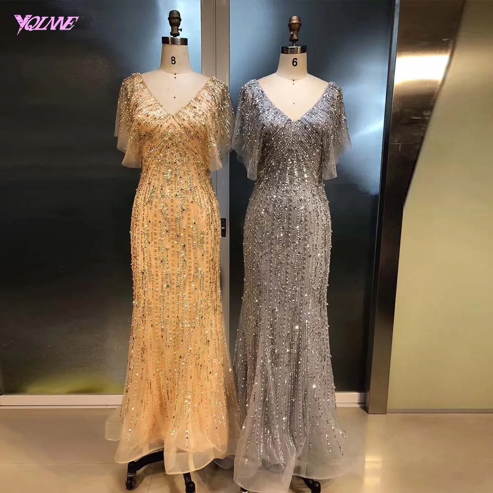 YQLNNE Elegant Gold V Neck Evening Dress Long Crystals Beaded Mermaid Evening Gown Robe De Soiree