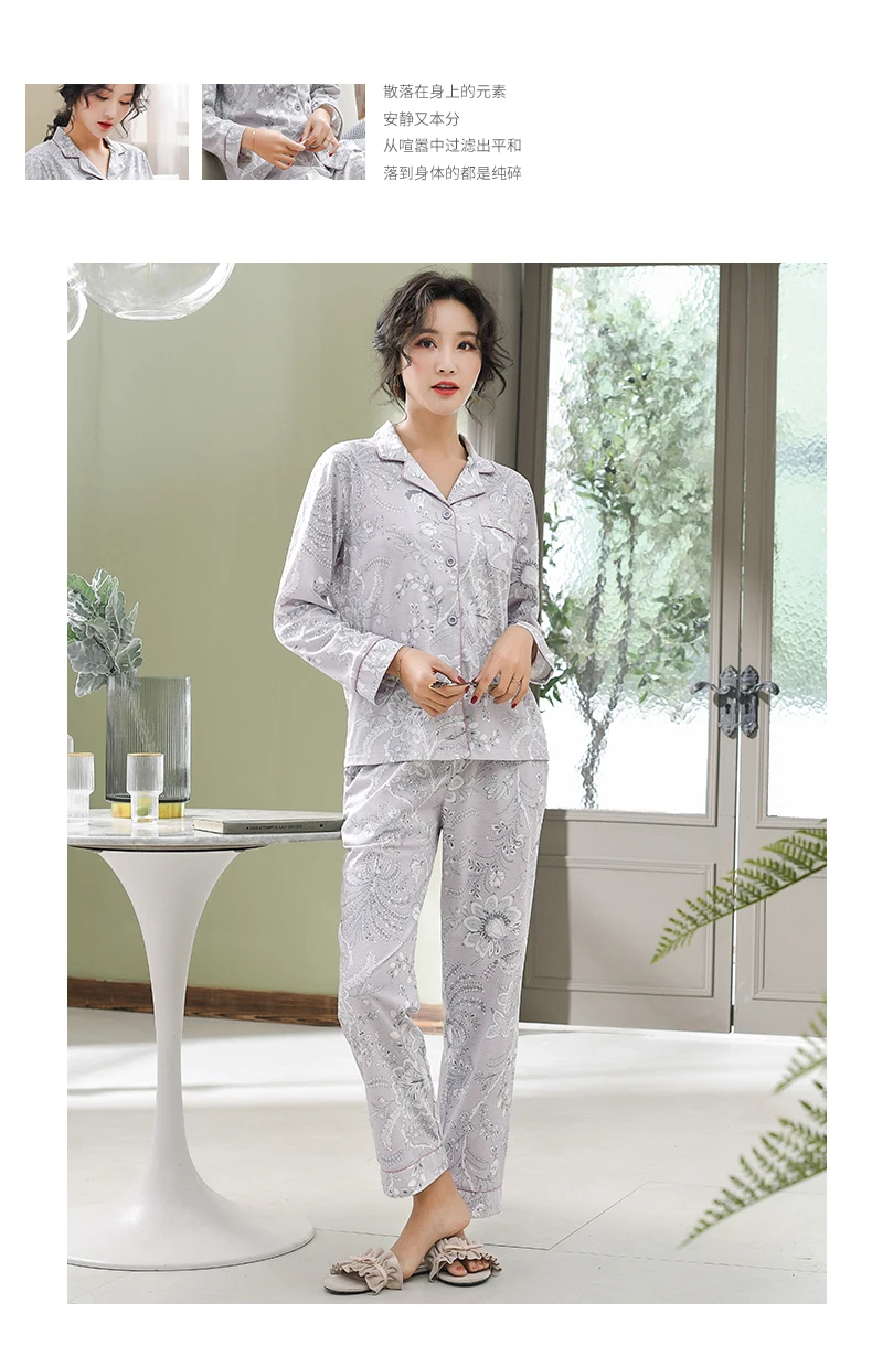 Pajamas For Women New Pure Cotton Women Home Suit XXXL Grey Floral Lapel Cardigan Top+Long Bottoms 2 Pcs Women Pajamas