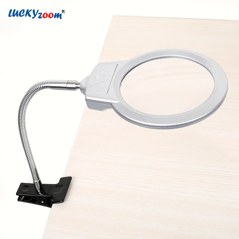 

Luckyzoom Desktop Illuminated Magnifier LED Loupe Metal Table Lamp Magnifying Glass 2.5X 5X Clip Type Reading Magnifier Lupa