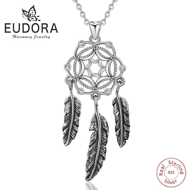 EUDORA 2018 New Unique Sterling Silver Holy Dream Catcher Necklace Pendant with Crystal CZ Silver 925 jewelry girl Friend Gift