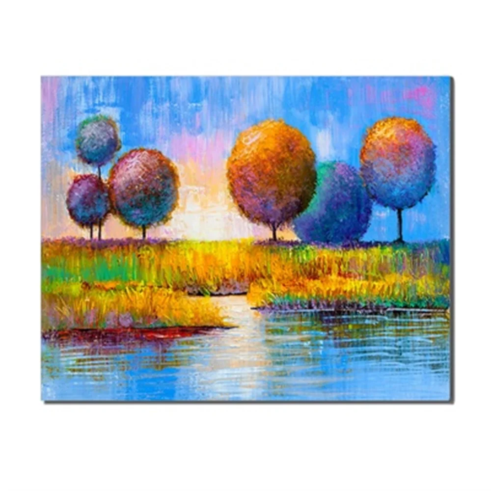 

Oil Painting Natural Landscape River Colorful Trees Abstract Modern Canvas Wall Artwork For Home Office Decoration No Frame