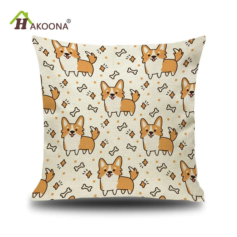 

HAKOONA Dog Year Corgi Print Cut Pets Linen Pillow Cover Cotton Linen Square Cushion Covers Luck